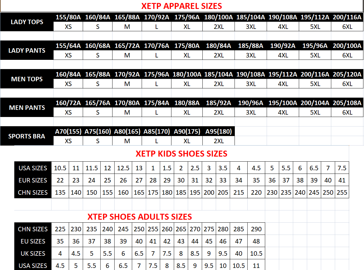 Xtep Size Chart